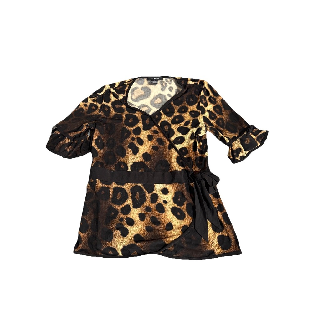 Liz McCoy Blouse Shirt Size Small Black/Cheetah Print 3/4 Sleeves Side Tie
